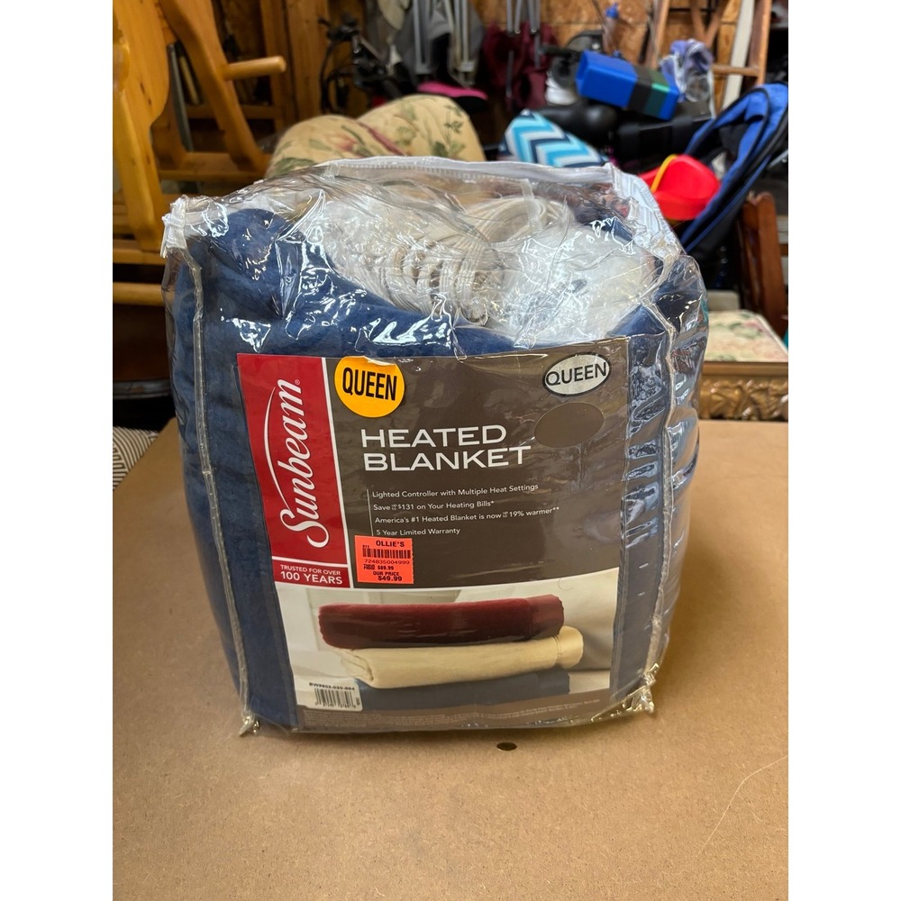 Sunbeam Quilted Fleece Electric Heated Blanket - Queen - Blue - New